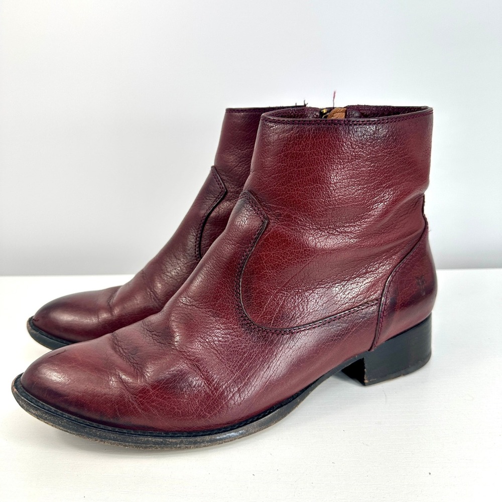 Frye Oxblood Leather Ankle Boots 8.5 Side Zip Block Heel Heritage Dark Academia